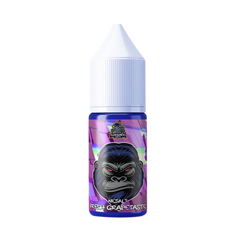 Liquid Fresh Grapetastic mit 20mg Nikotin von Tornado Juice Blau-lila Flasche mit weißem Tropfverschluss, Gorilla-Zeichnung und Aufschrift „NICSALT FRESH GRAPETASTIC“, Marke Tornado Juice.