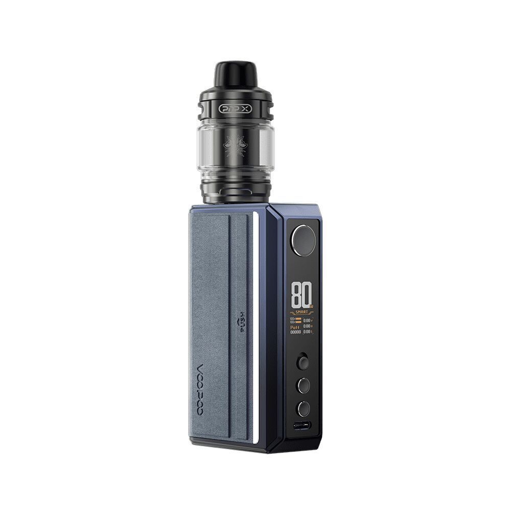 Voopoo Drag 5 Kit in Gradient Blue, zeigt das Display mit "80", zwei Tasten und einen klaren Verdampfer auf der Oberseite