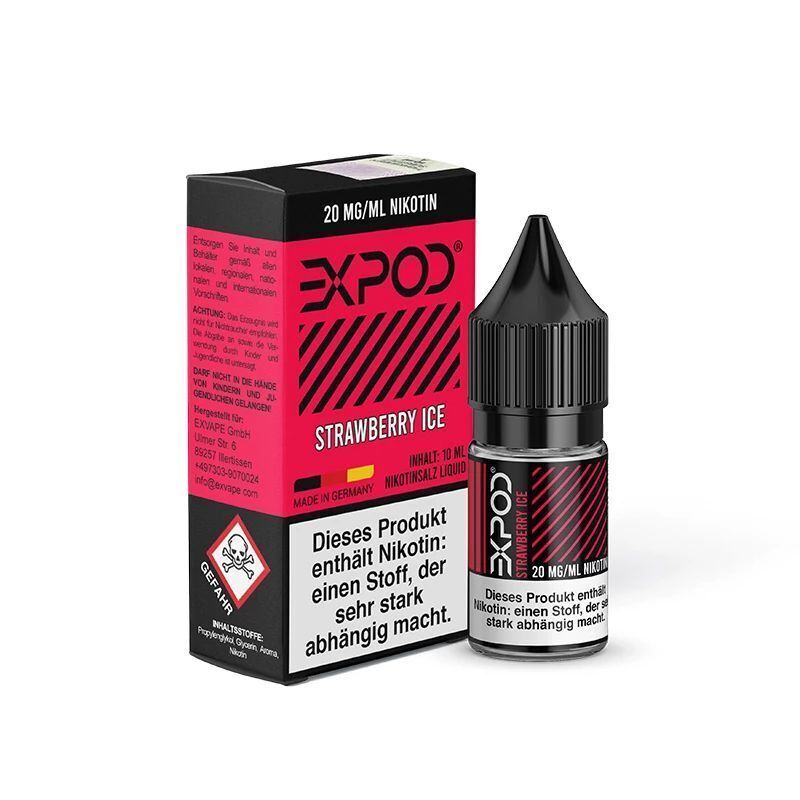 Liquid Strawberry Ice von Expod Expod Nikotinsalz-Flasche und Verpackung, Strawberry Ice 20mg, mit Warnhinweisen zu Nikotinabhängigkeit und Herstellerinformationen