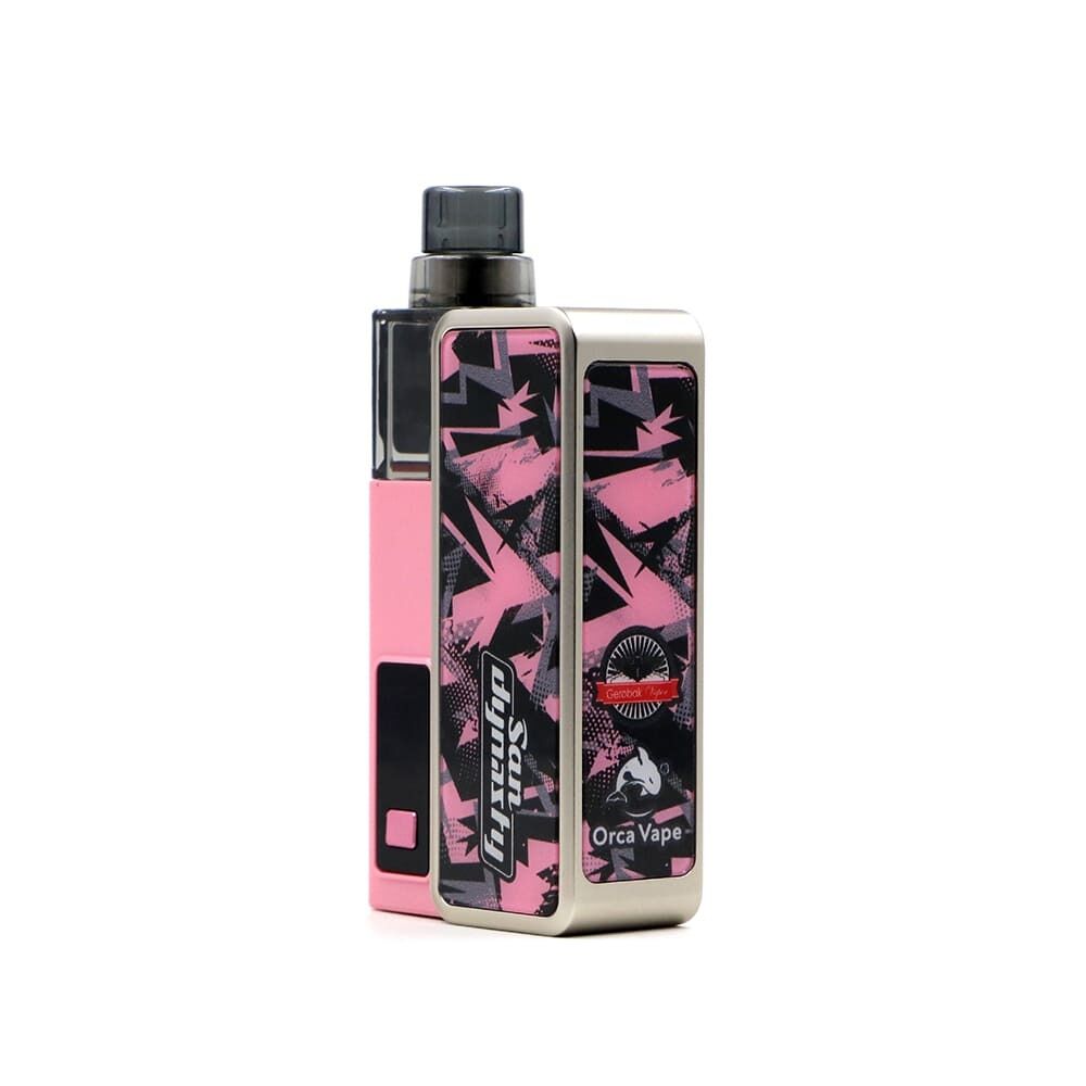 Orca Vape San Dynasty Pod Kit Orca Vape San Dynasty Pod Kit in Baby Pink mit schwarzem und rosa grafischen Design, inklusive Sichtfenster und Bedienelementen.