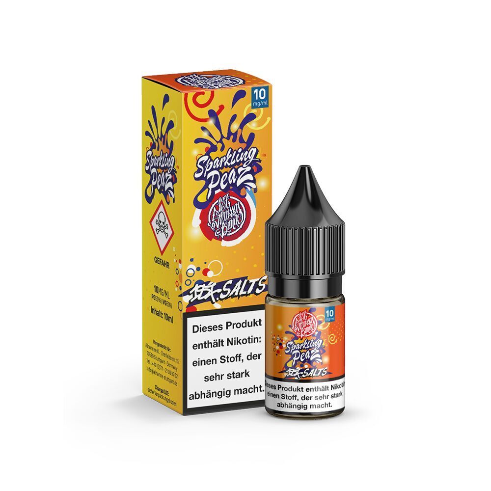 187 Strassenbande Liquid - Sparkling Peaz 10mg E-Liquid-Flasche mit schwarzem Verschluss und gelber Verpackung, Branding "Sparkling Peaz", Nikotinhinweis sichtbar.