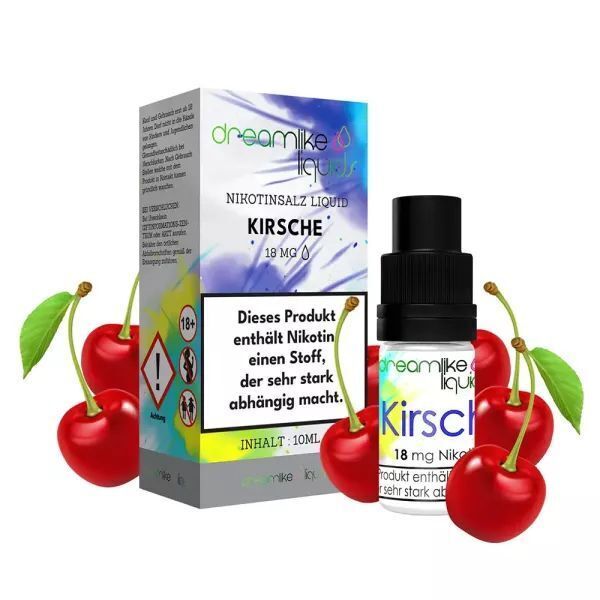 Liquid Kirsche mit 18mg Nikotin von Dreamlike Liquids Dreamlike Liquids Nikotinsalz Kirsche 18 mg Packung und Flasche, umgeben von Kirschen, mit Warnhinweis über Nikotinsucht auf der Verpackung.