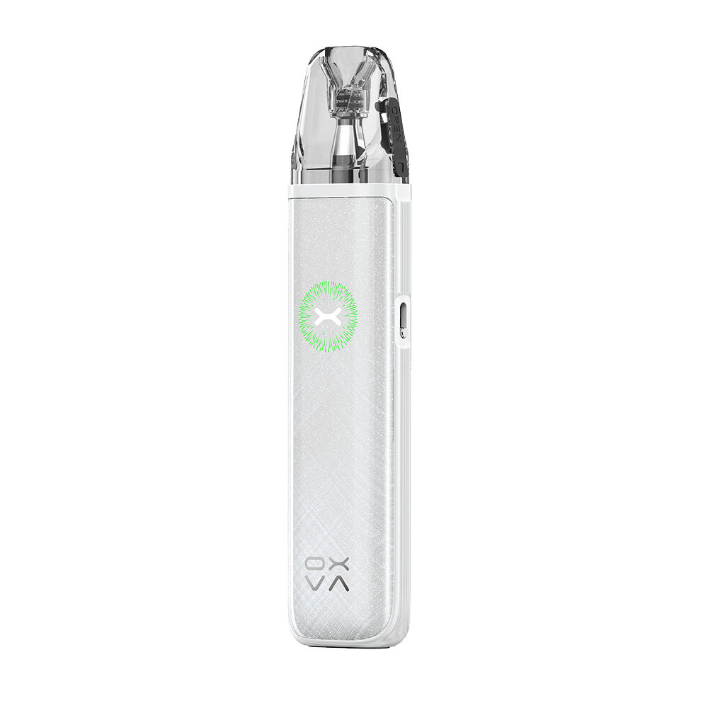Oxva Xlim Go 2 Pod Kit Oxva XLIM Go 2 Pod Kit in Shell White mit transparentem Mundstück, grünem Logo auf der Vorderseite und Oxva-Schriftzug unten.