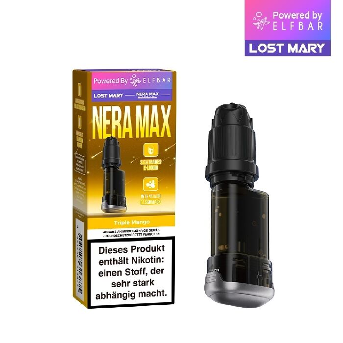 Lost-Mary-Nera-Nachfüllbehälter-Triple-Mango.jpg Lost Mary Nera Max 15K Pods in der Geschmacksrichtung Triple Mango mit Nikotinwarnung auf der Verpackung und schwarzer Pod.