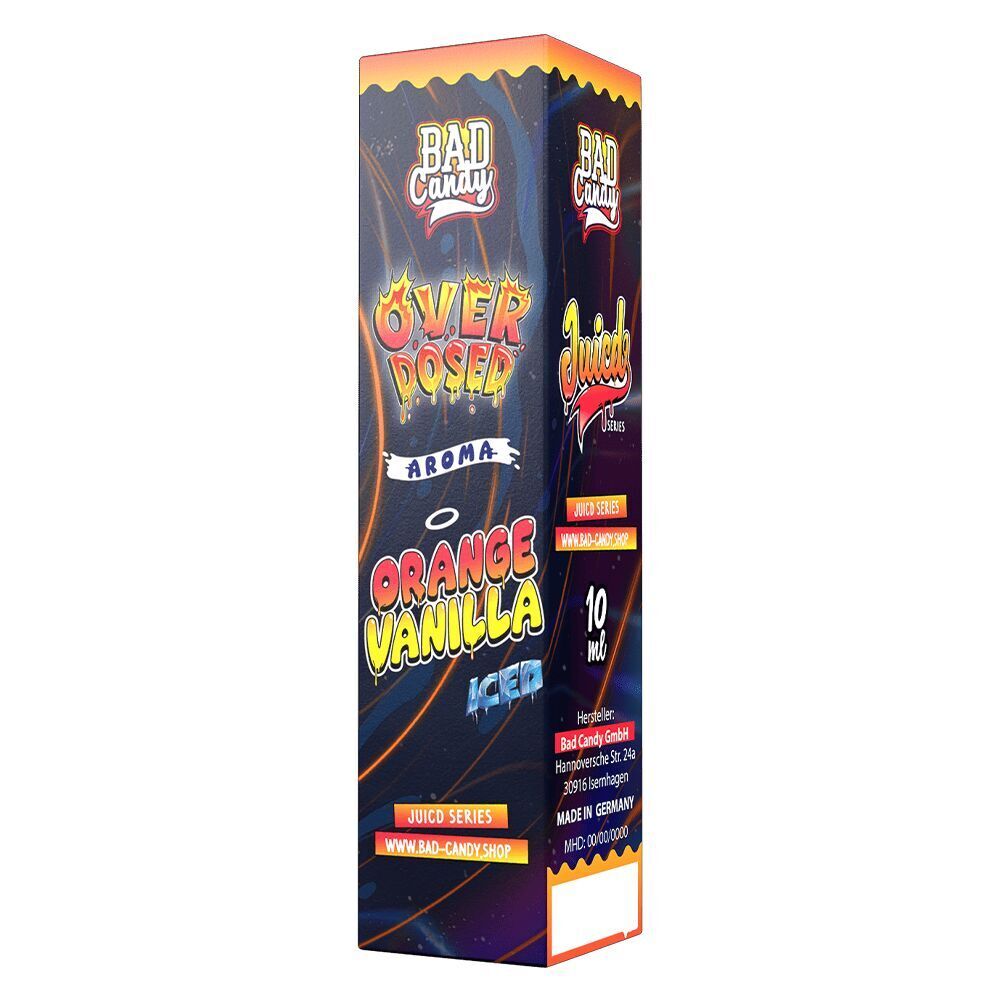 Aroma Orange Vanilla Iced - Bad Candy Overdosed Verpackung von Bad Candy Aroma Orange Vanilla Iced Overdosed, 10 ml, mit buntem Design und Markenlogos.