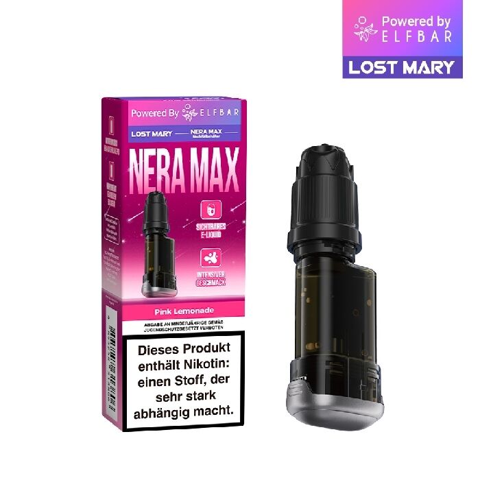 Lost-Mary-Nera-Nachfüllbehälter-Pink-Lemonade.jpg Lost Mary Nera Max Pod in Schwarz mit Verpackung in Pink Lemonade-Design, Warnhinweis über Nikotingehalt darauf sichtbar.