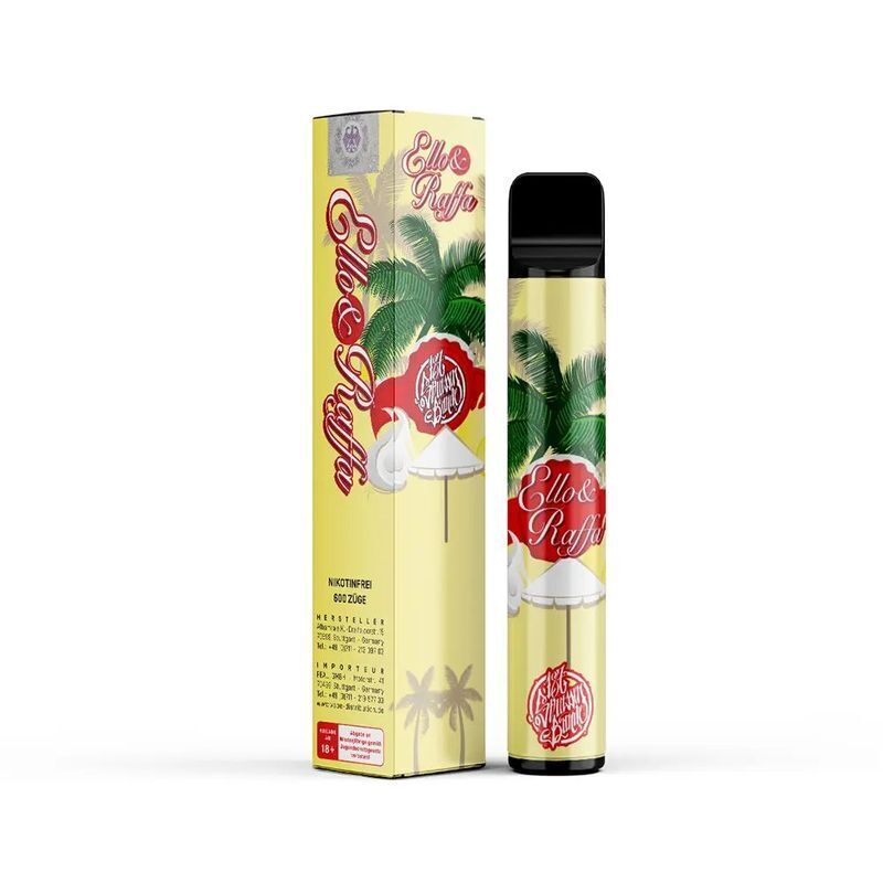 Ello & Raffa ohne Nikotin 187 Strassenbande E-Shisha Ello & Raffa Vape 0mg, gelbe Verpackung mit Palmenmotiv und weißem Sonnenschirm, 600 Züge, 187 Strassenbande-Logo.