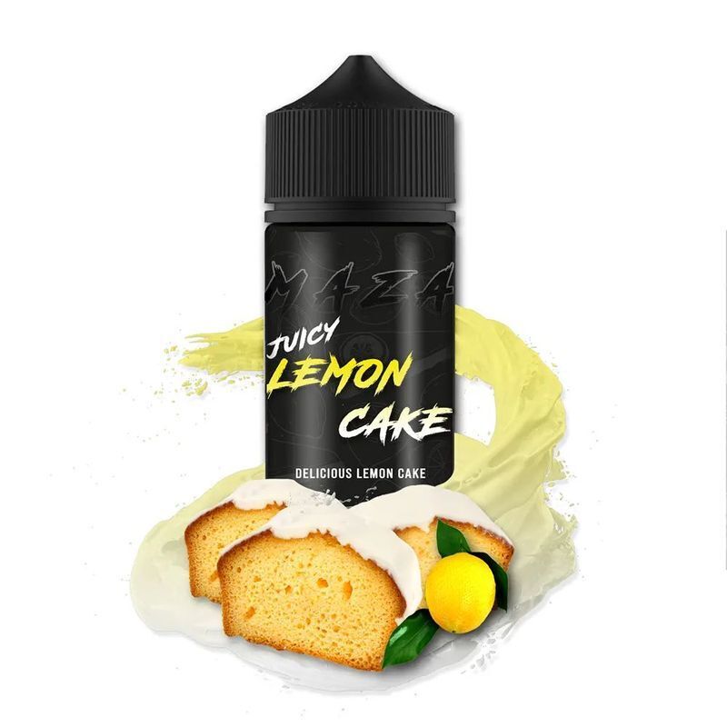 Aroma Lemon Cake von MaZa Schwarze Flasche mit Label "MaZa Aroma Juicy Lemon Cake", daneben zitronengelber Kuchen mit Zuckerguss, Zitrone und Blättern.