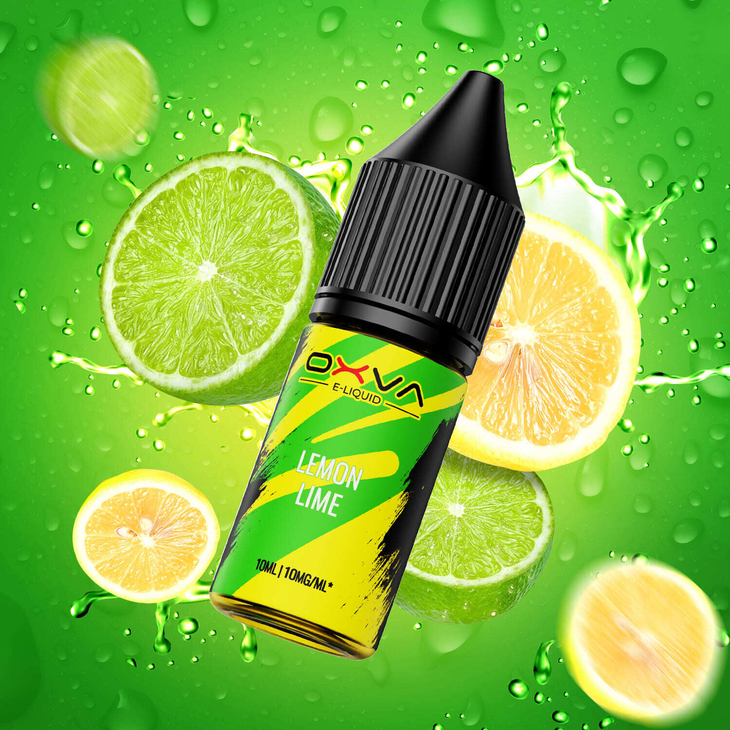 Oxva Nikotinsalzflasche Lemon Lime 10mg vor grünem Hintergrund mit spritzigen Zitrusmotiven und Wassertropfen.