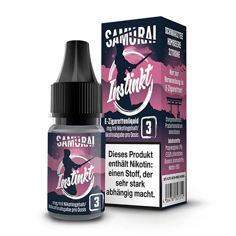 Liquid Instinkt von Samurai Samurai Liquid Instinkt E-Zigarettenliquid mit schwarzen Tee, Himbeere, Zitrone; enthält Nikotin, das stark abhängig macht