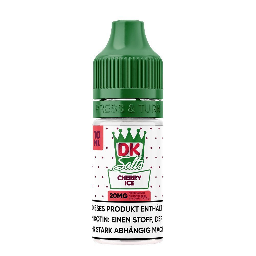 Liquid Cherry Ice 20mg - DK Salts E-Liquid-Flasche DK Salts Cherry Ice 20mg mit grüner Kappe, Dekoration mit Krone und Warnhinweis zu Nikotin.