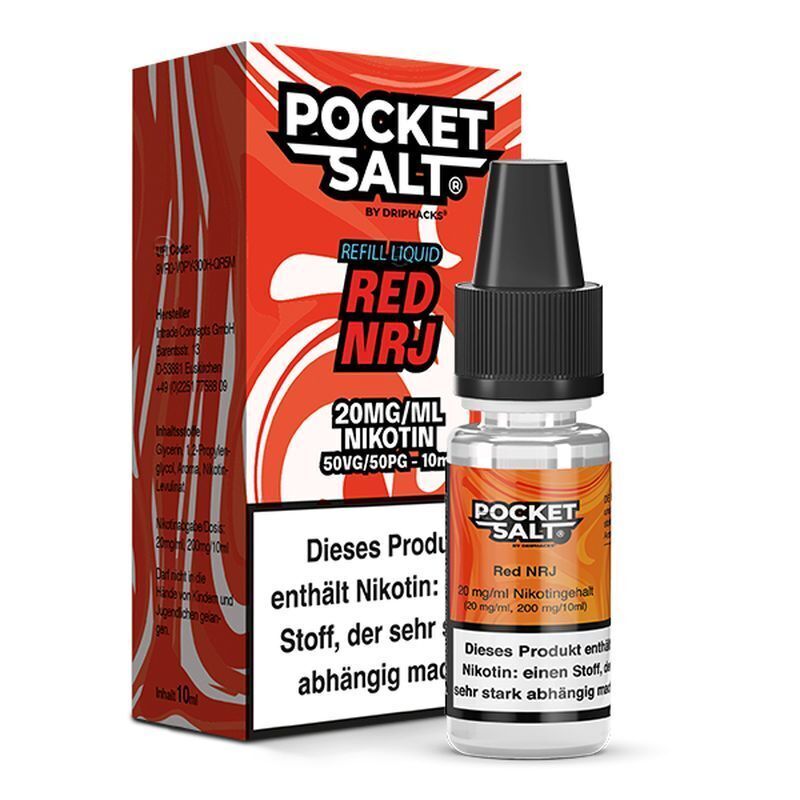 E-Liquid-Flasche und Verpackung von Pocket Salt Red NRJ mit 20mg Nikotinsalz, auffälliges rotes Design, Warnhinweise enthalten