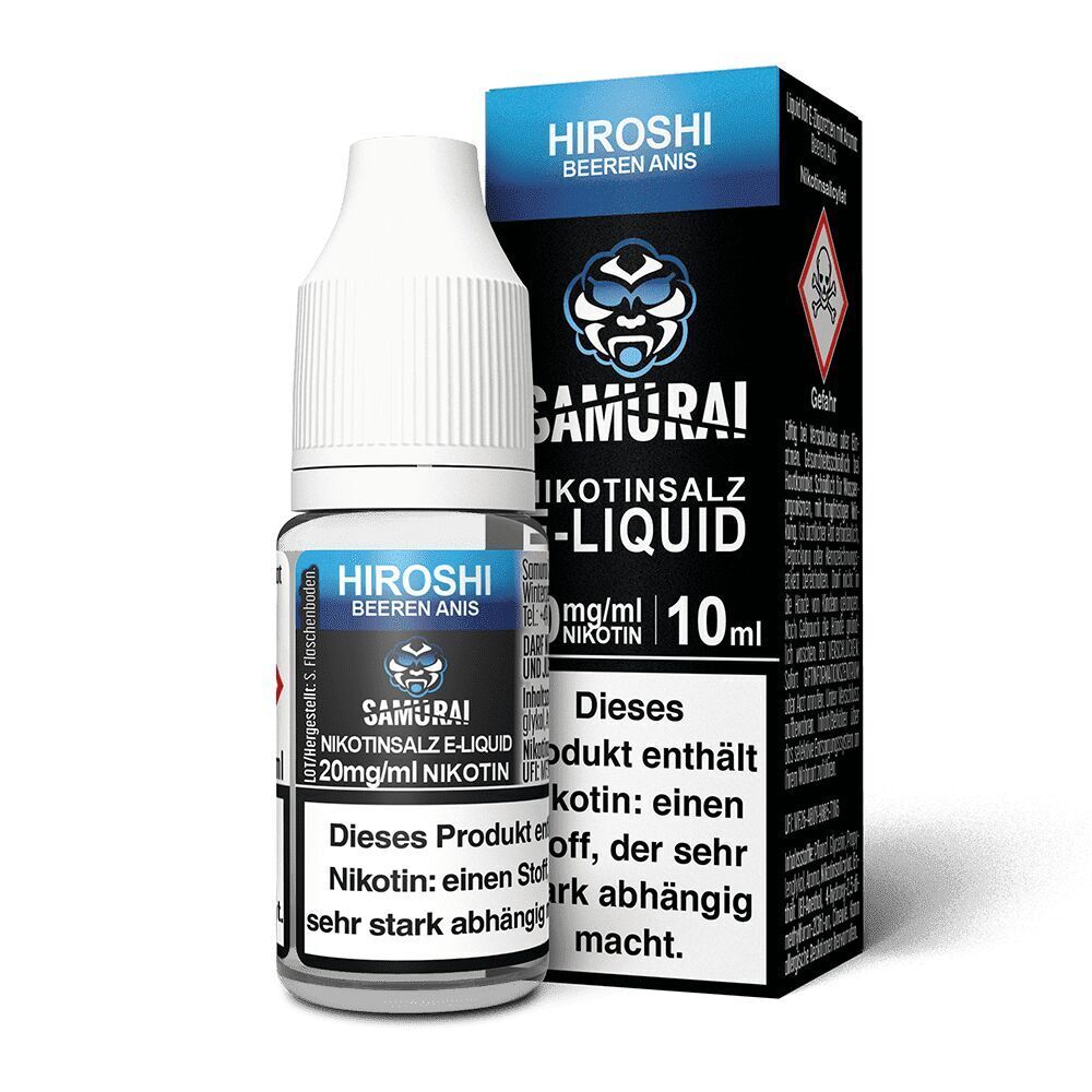 Liquid Hiroshi Beeren Anis 20mg - Samurai Weiße Flasche und schwarze Box des Samurai Nikotinsalzes Hiroshi Beeren Anis 20mg/ml mit blauem Logo und Warnhinweisen.