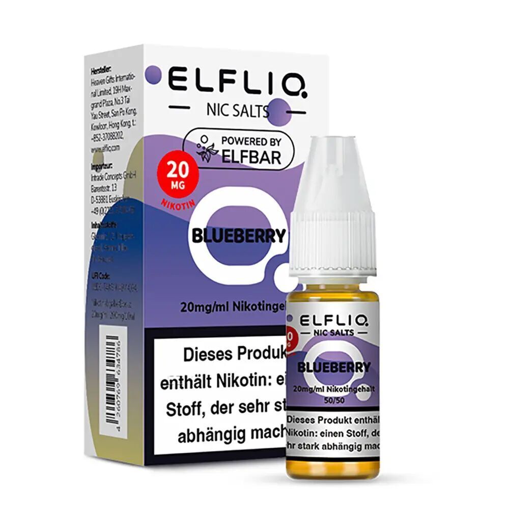 Elfliq Nikotinsalz - Blueberry 20mg Elfliq Nikotinsalz Blueberry 20mg, weiße Flasche mit blauer und violetter Verpackung, enthält einen Nikotin-Warnhinweis powered by ELFBAR.