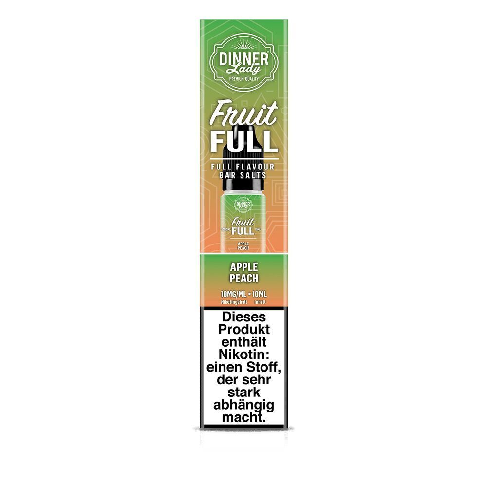 Dinner Lady Fruit Full Apple Peach Nikotinsalzverpackung, grün-orange, enthält 10 mg/ml Nikotin, Warnhinweis zur Abhängigkeit sichtbar.
