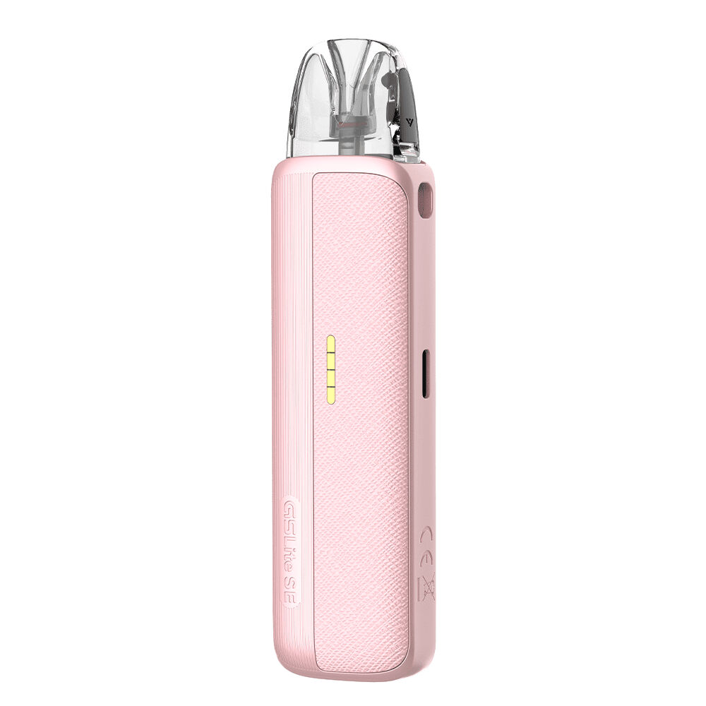 220826-1 Uwell Caliburn G5 Lite SE Pod Kit in Rosa mit strukturierter Oberfläche, transparentem Mundstück und gelben LED-Anzeigen.