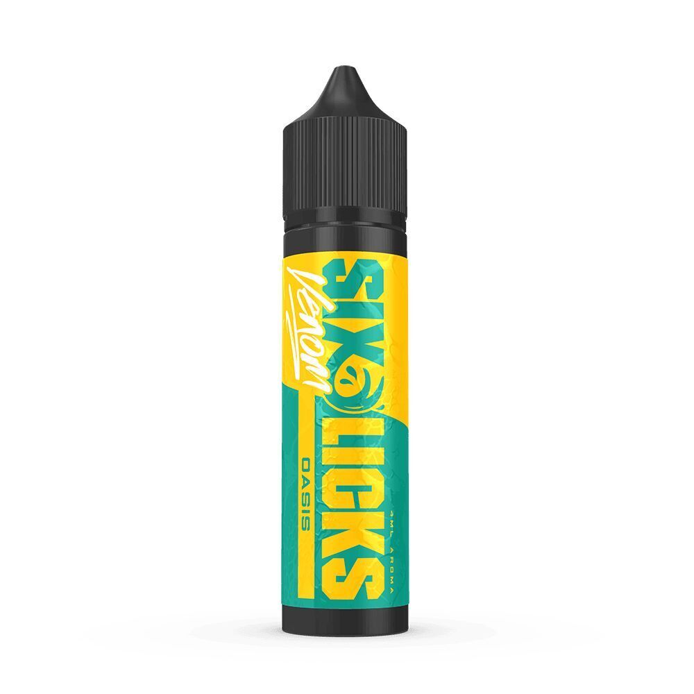 Six Licks Venom Aroma - Oasis Flasche mit gelb-türkisem Etikett, Aufschrift "Six Licks Venom Oasis", schwarzer Verschluss, gelber und türkisfarbener Hintergrund.