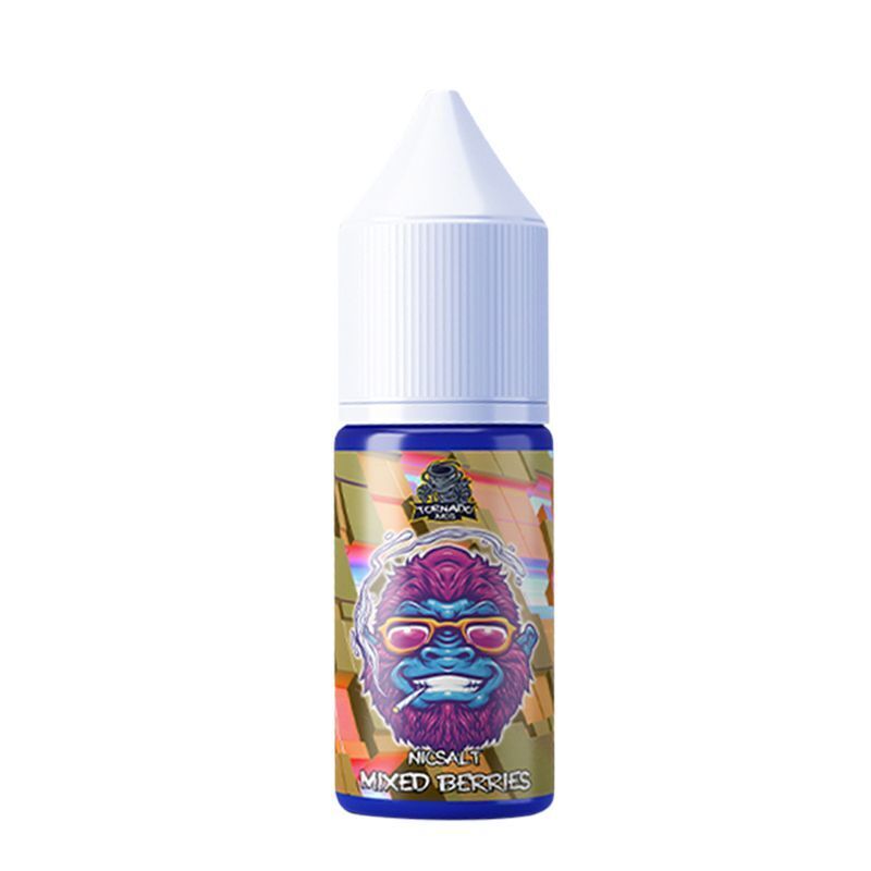 Liquid Mixed Berries mit 20mg Nikotin von Tornado Juice E-Liquid-Flasche mit Etikett, das eine lila Gorilla-Illustration mit Sonnenbrille zeigt, Produktname: Tornado Juice Nikotinsalz Mixed Berries 20mg.