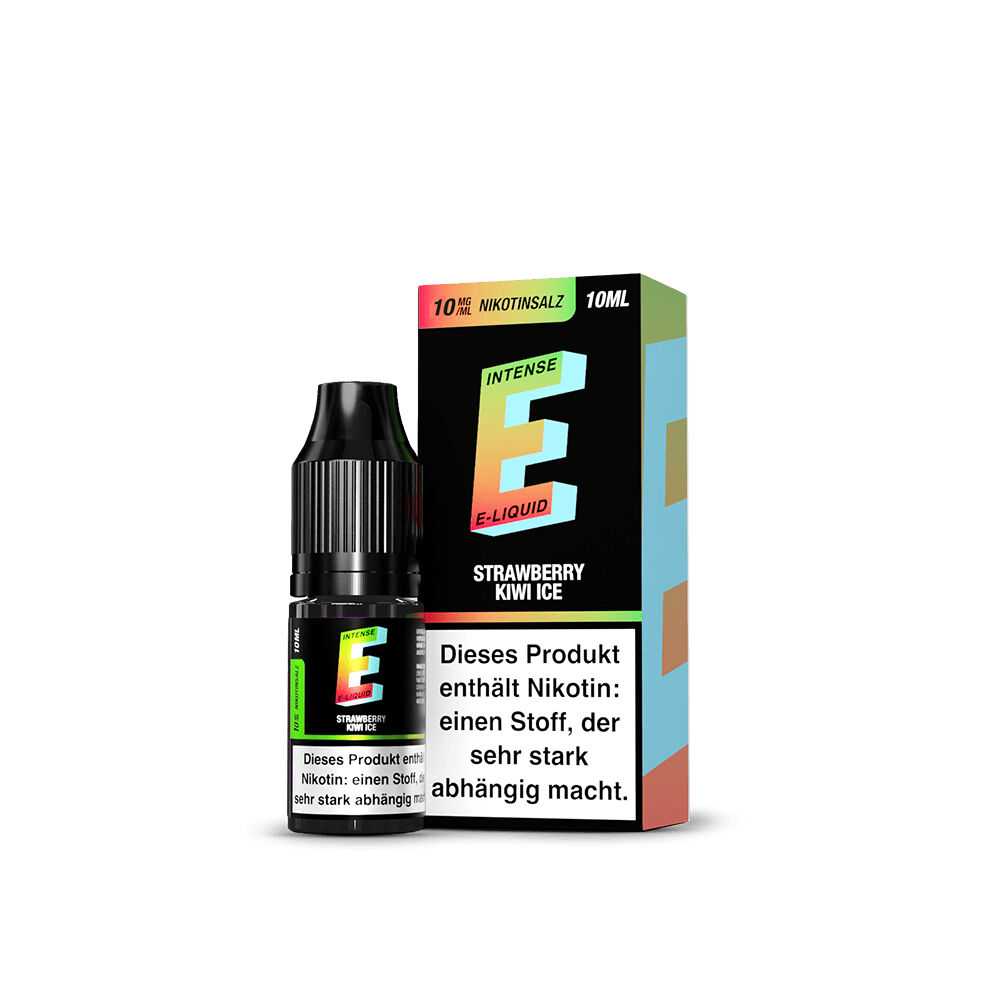 TVE E-Intense Nikotinsalz - Strawberry Kiwi Ice Flasche und Verpackung von TVE E-Intense E-Liquid mit der Geschmacksrichtung Strawberry Kiwi Ice, Warnhinweis zu Nikotin sichtbar.
