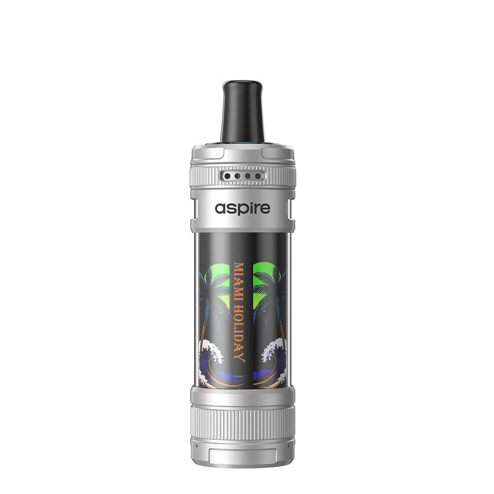 Aspire Magnum Nano in Silber mit Palmen- und Wellenmotiv, Aufschrift Miami Holiday, schwarzes Mundstück oben.