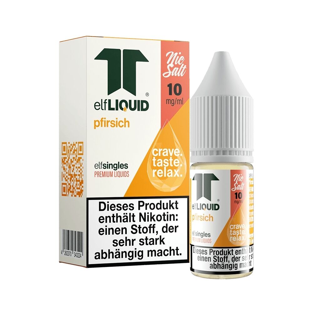 Elf Liquid Nikotinsalz - Pfirsich 10mg Elf Liquid Nikotinsalz Pfirsich 10mg, Flasche und Verpackung mit Warnhinweis über Nikotin, enthält "crave. taste. relax." Text auf Verpackung.