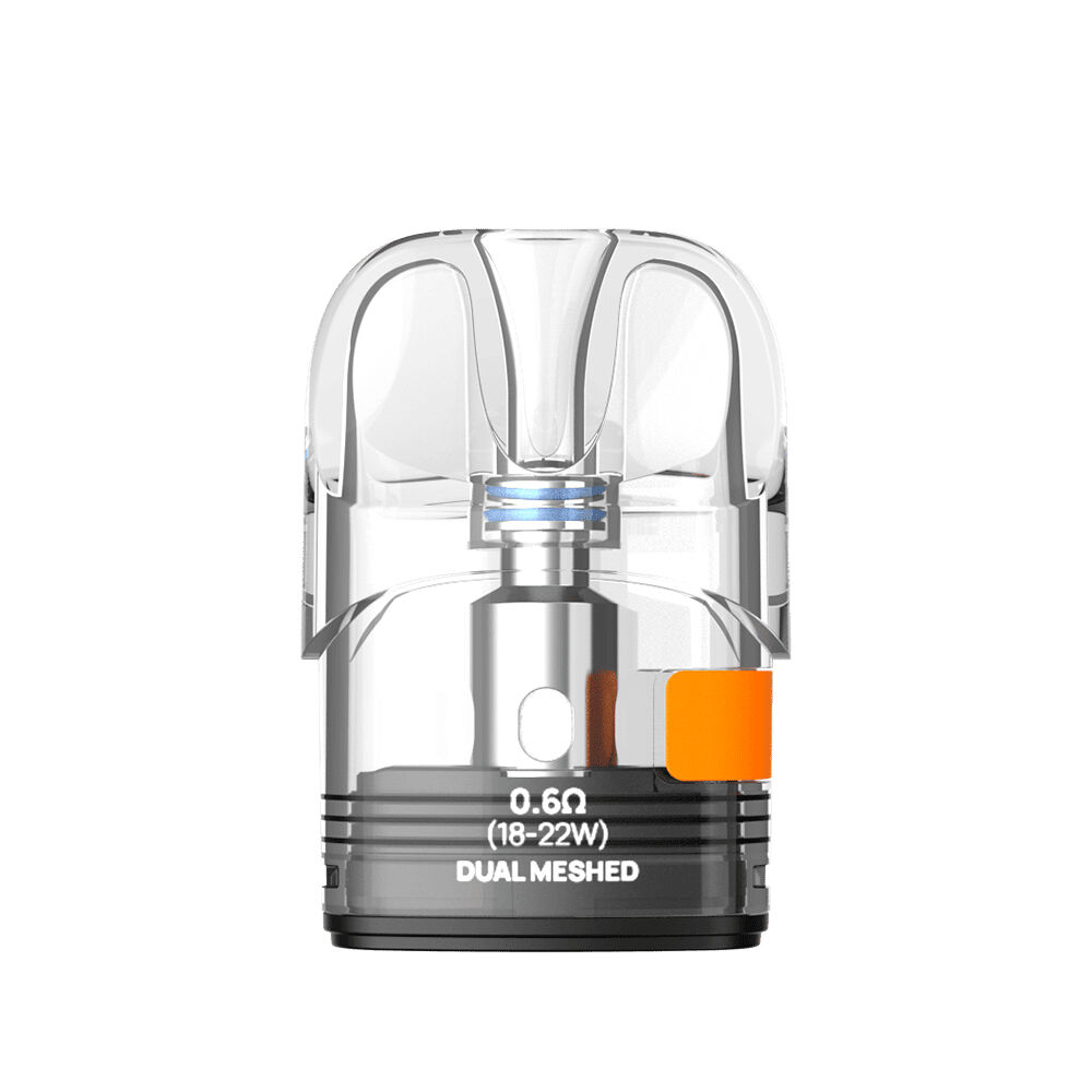 Aspire Pixo Dual Sieb Pod Ohm Aspire Pixo Dual Sieb Pod mit 0,6 Ohm Widerstand, transparente Kartusche, orangefarbene Markierung, Aufschrift „0,6Ω (18-22W) Dual Meshed“