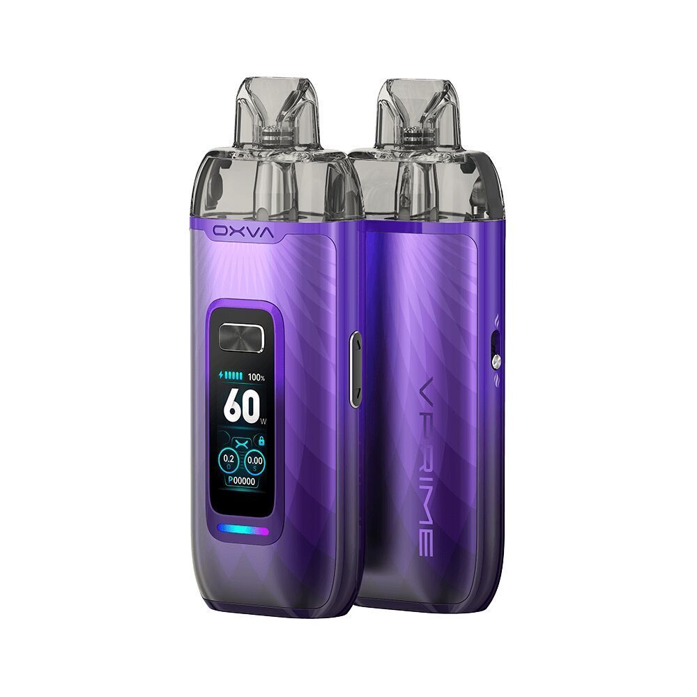 Oxva Vprime Pod Kit in Auroral Purple mit zwei Geräteansichten, eine mit Farbdisplay, das 60W anzeigt, die andere mit der Aufschrift „VPRIME“.