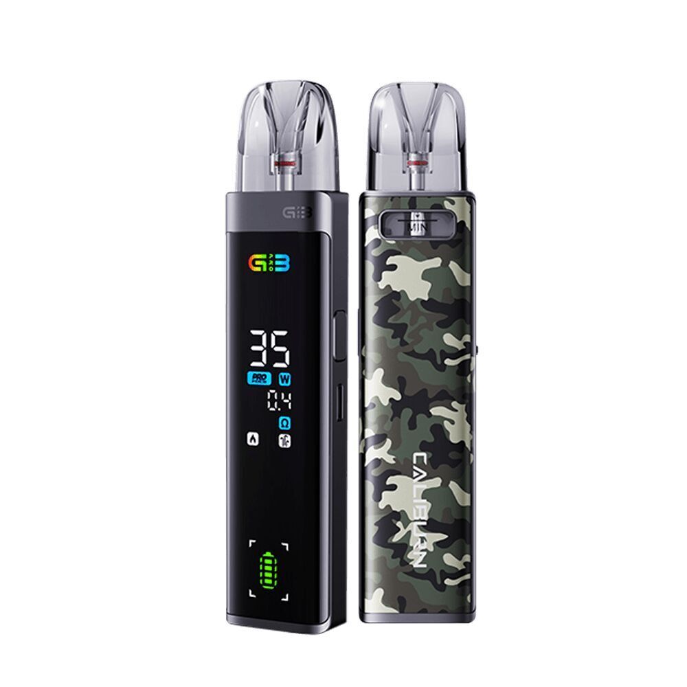 Uwell Caliburn G3 Pro Pod Kit - Green Camo Uwell Caliburn G3 Pro Pod Kit in 'Green Camo' Design mit zwei Pods; einer mit Display zeigt 35W, der andere hat ein Tarnmuster.