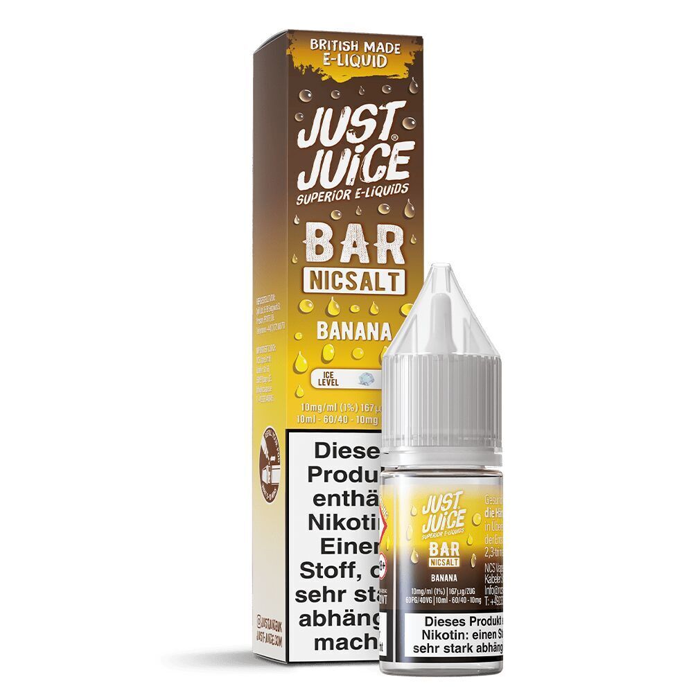 Liquid Banana 10mg - Just Juice Just Juice Nicsalt Banana 10mg Nikotinsalzflasche und Verpackung, britische Herstellung, gelbes Design mit Warnhinweisen auf dem Etikett