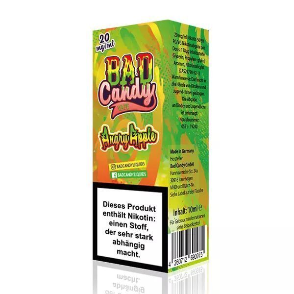 Liquid Angry Apple mit 10mg Nikotin von Bad Candy Verpackung von Bad Candy Nikotinsalz Angry Apple 10mg, grünes und gelbes Design, Warnhinweis über Nikotinabhängigkeit, 10ml Inhalt.