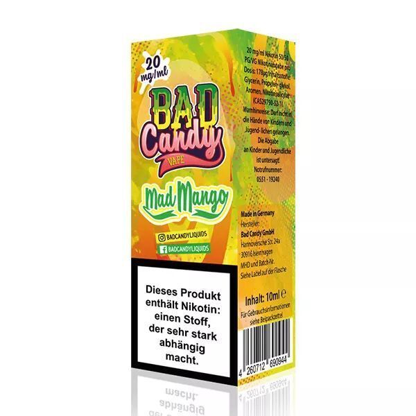 Liquid Mad Mango mit 10mg Nikotin von Bad Candy Verpackung des Bad Candy Nikotinsalzes Mad Mango mit 10mg/ml Nikotin, leuchtendes Design mit Warnung vor Nikotinabhängigkeit auf der Vorderseite.