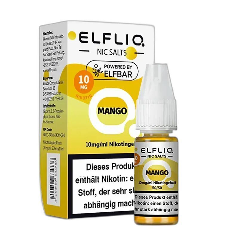Elfliq Nikotinsalz - Mango 10mg Elfliq Nikotinsalz Mango mit 10mg Nikotingehalt, Flasche und Verpackung mit gelbem Design und Warnhinweis über Nikotinsucht.