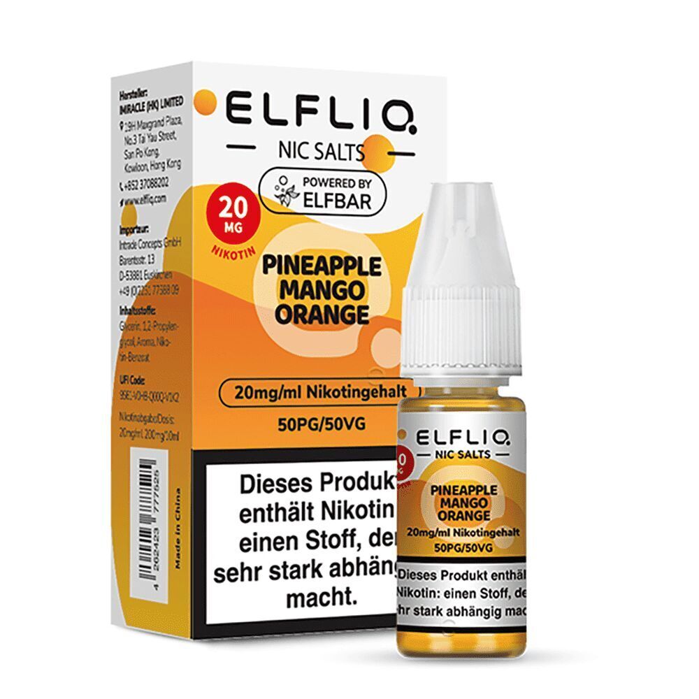 Elfliq Nikotinsalz - Pineapple Mango Orange 20mg Elfliq Nikotinsalz mit Pineapple Mango Orange Geschmack, 20mg/ml Nikotingehalt, Verpackung und Fläschchen sichtbar, enthält Nikotin.