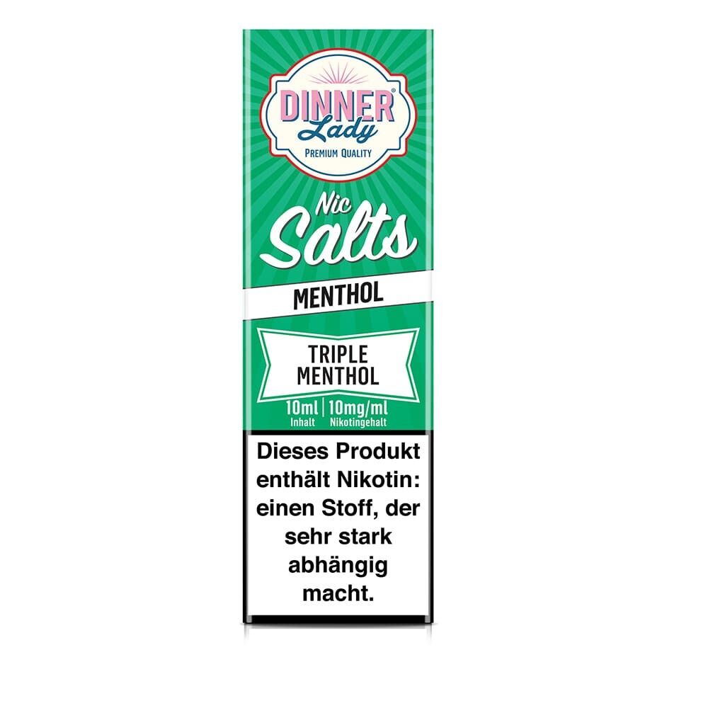 Dinner Lady Nic Salts Triple Menthol 10mg Packung in Grün mit Labelangaben zu Nikotingehalt und Warnhinweis über Nikotinsuchtgefahr.