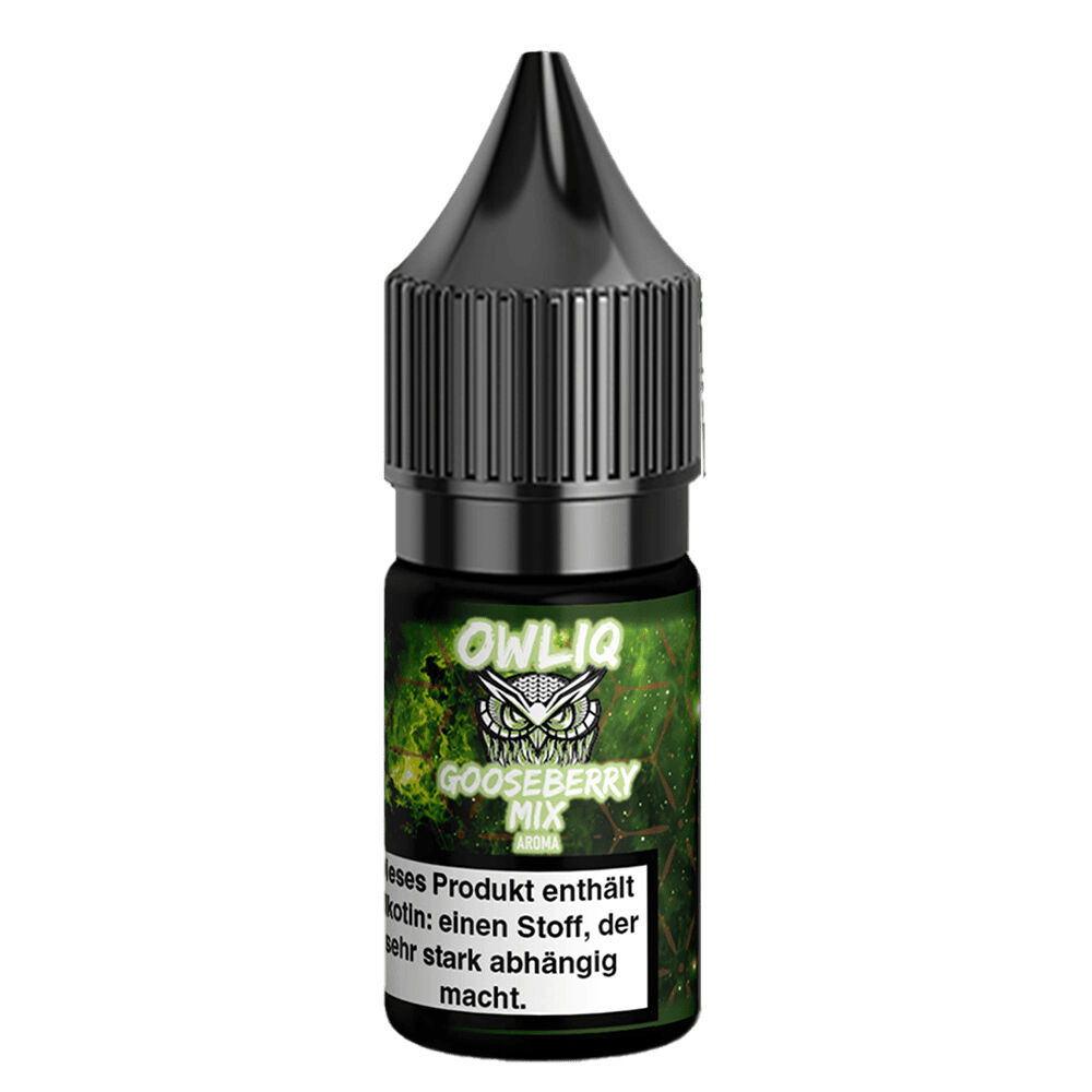 Nikotinsalzflasche mit schwarzem Deckel und grünem Etikett, beschriftet mit Owliq Gooseberry Mix, Warnhinweis zu Nikotin darunter.