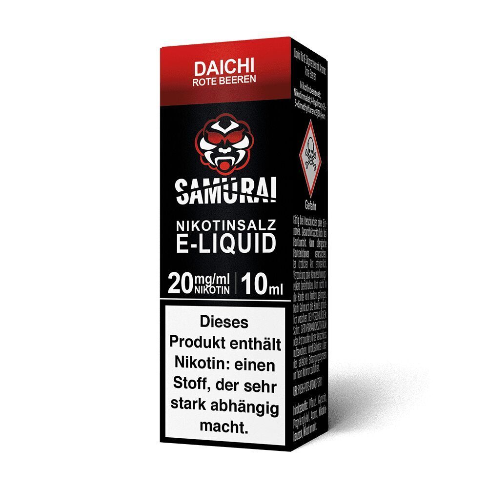Liquid Daichi Rote Beeren 20mg - Samurai Samurai Nikotinsalz E-Liquid Verpackung, Daichi Rote Beeren, 20mg/ml, 10ml, Warnhinweis „Dieses Produkt enthält Nikotin“ und Gefahrensymbol sichtbar