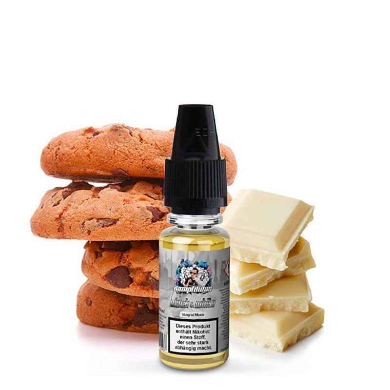 Liquid Black & White mit 10mg Nikotin von Dampfdidas Dampfdidas Nikotinsalz Black & White 10mg mit Bild von Keksen und weißer Schokolade im Hintergrund, vorne eine Flasche mit Warnhinweis