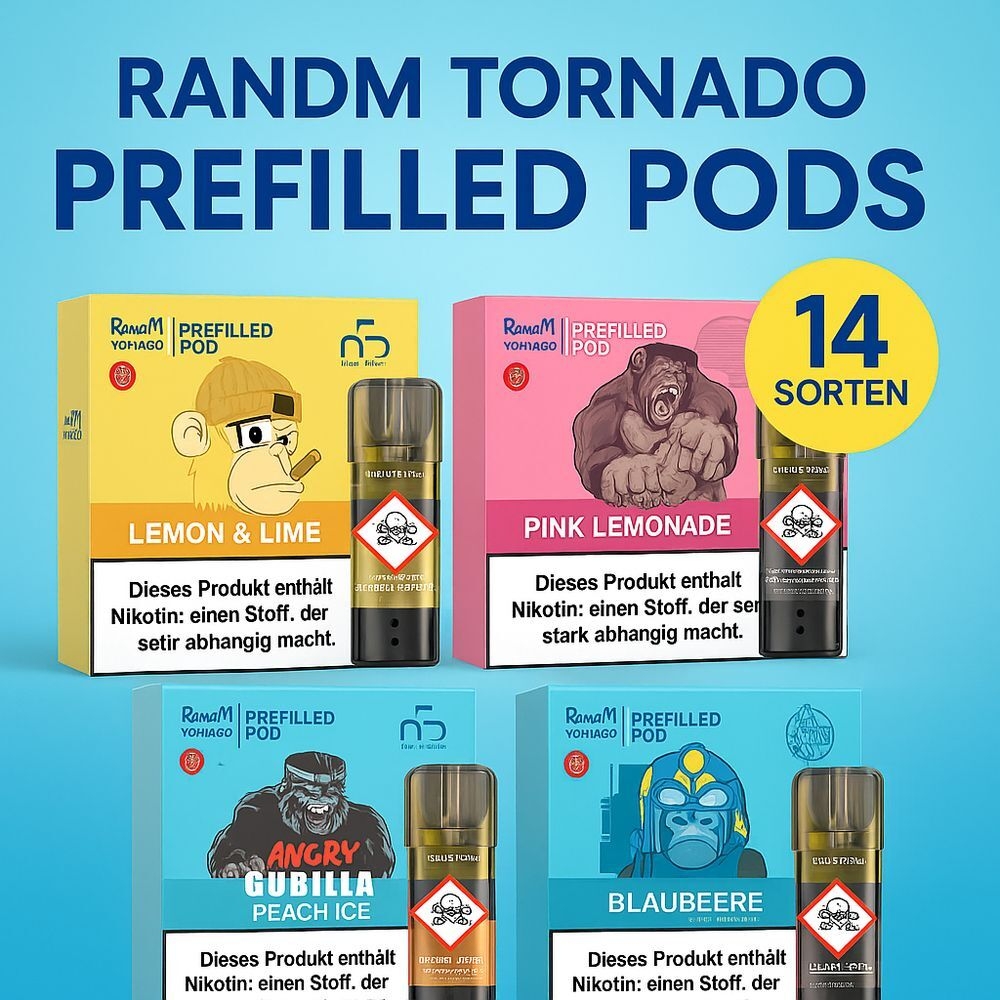 RandM Tornado Pods - alle Sorten - mit Nikotin, Werbung, Plakat, Person
