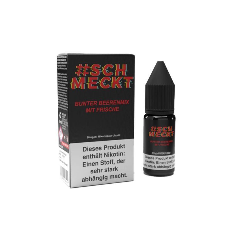 Liquid Bunter Beerenmix 20mg - #Schmeckt E-Liquid-Flasche und Verpackung mit der Aufschrift "Bunter Beerenmix mit Frische" und "#Schmeckt", 20mg Nikotinsalz, Hinweis auf Nikotingehalt.