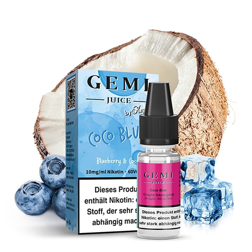 Liquid Coco Blue von Kapkas Gemi Juice Kapkas Gemi Juice Nikotinsalz Coco Blue mit Kokos- und Blaubeergeschmack, gezeigt neben geschnittener Kokosnuss, Blaubeeren und Eiswürfeln.