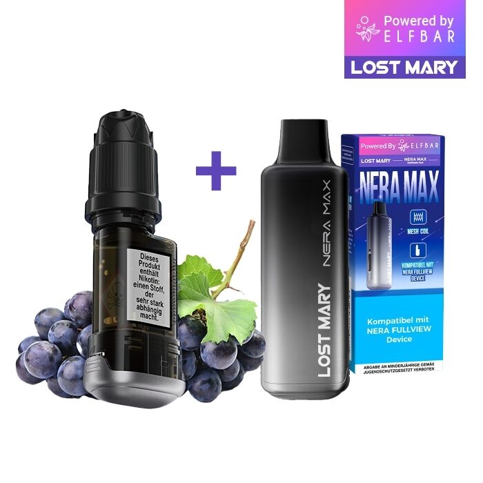 Lost Mary Nera Max 15K Pods - Summer Grape 20mg Lost Mary Nera Max 15K Pods - Summer Grape 20mg, neben Trauben, mit Verpackung im Hintergrund; Hinweis: enthält Nikotin.