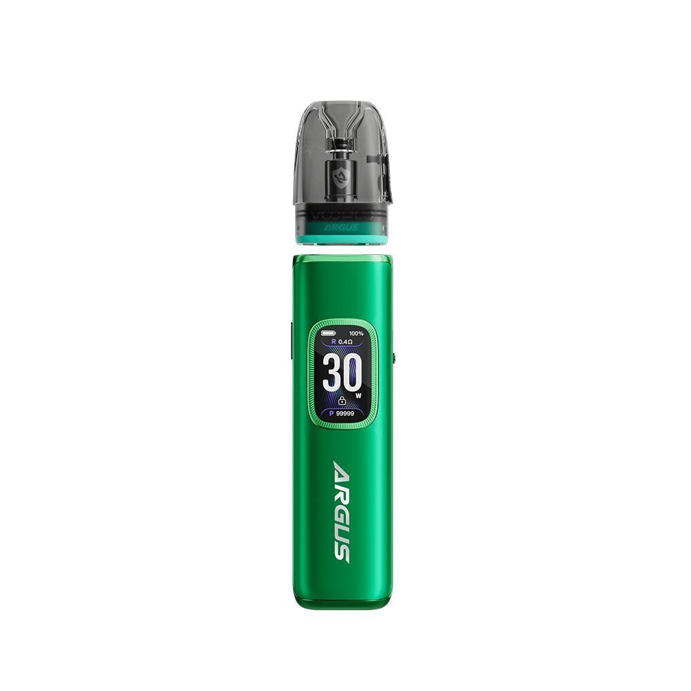 Voopoo Argus G3 Pod Kit - Moss Green Voopoo Argus G3 Pod Kit in Moss Green mit Display zeigt 30 W, schwarzes Mundstück oben, silberne Akzente und seitlicher Schriftzug "Argus"