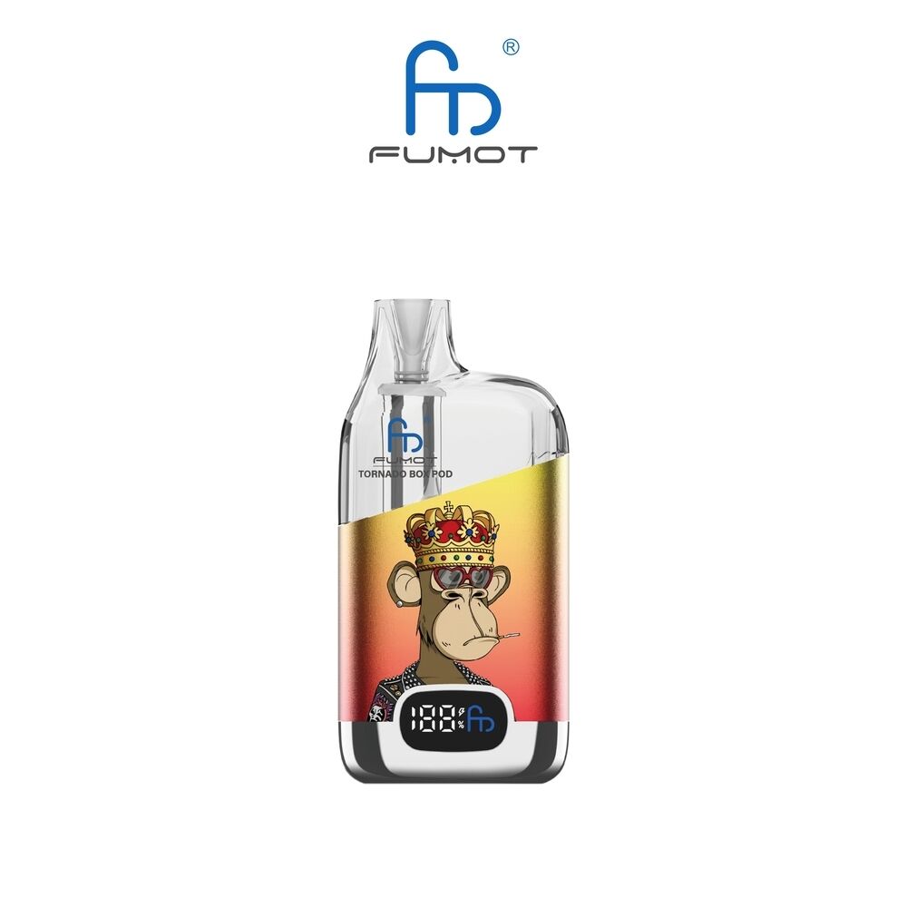 Fumot Tornado Box Pod Kit in Gelb-Rot mit Affenmotiv, Krone und digitalem Display, Herstellerlogo oben sichtbar.