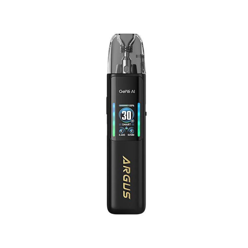 Voopoo Argus G2 Pod Kit Voopoo Argus G2 Pod Kit mit durchsichtiger Kappe und digitalem Display, das 30W Leistung, Akkustand und Smarteinstellung anzeigt.