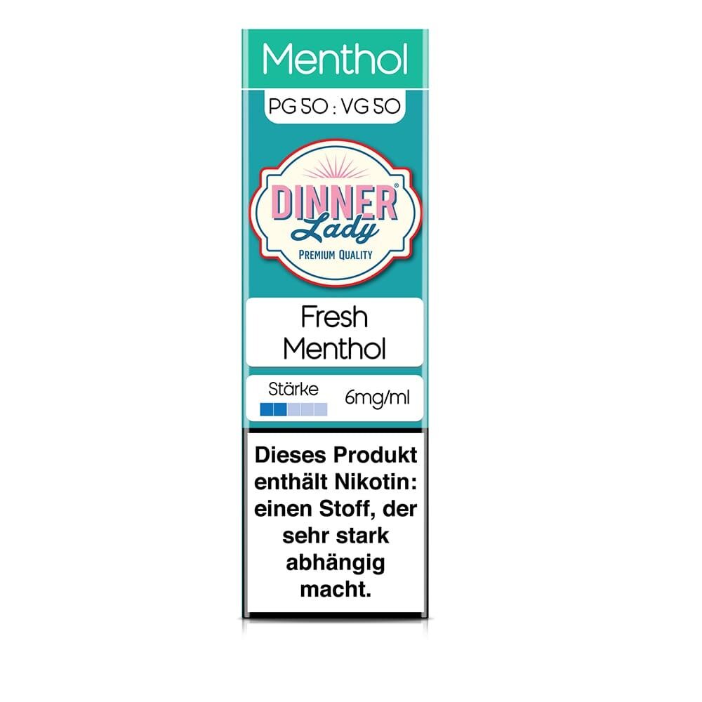 Dinner Lady Fresh Menthol Liquidpackung mit 6mg Nikotin, Warnhinweis über Abhängigkeit, blau-weißes Design und Stärkeanzeige.