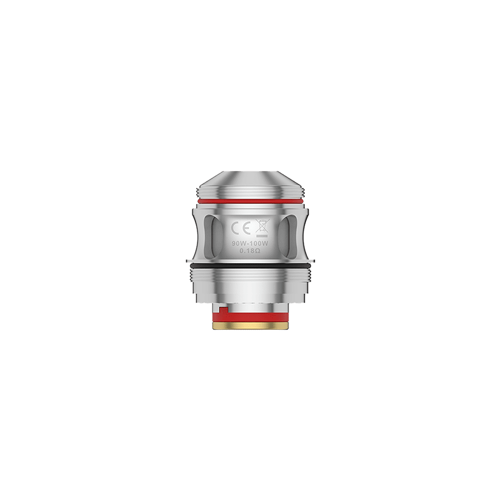 Uwell V Coil 0,18 Ohm Verdampferkopf aus Metall mit roter Dichtung und sichtbarem Aufdruck inklusive Leistungsbereich 90W-100W