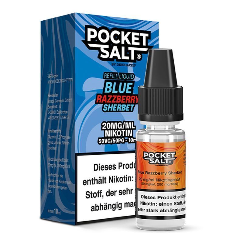 Pocket Salt Nikotinsalz-Flasche mit 20 mg Blue Razzberry Sherbet 10 ml, daneben die entsprechende Verpackung mit Markennamen und Hinweis auf Nikotingehalt.