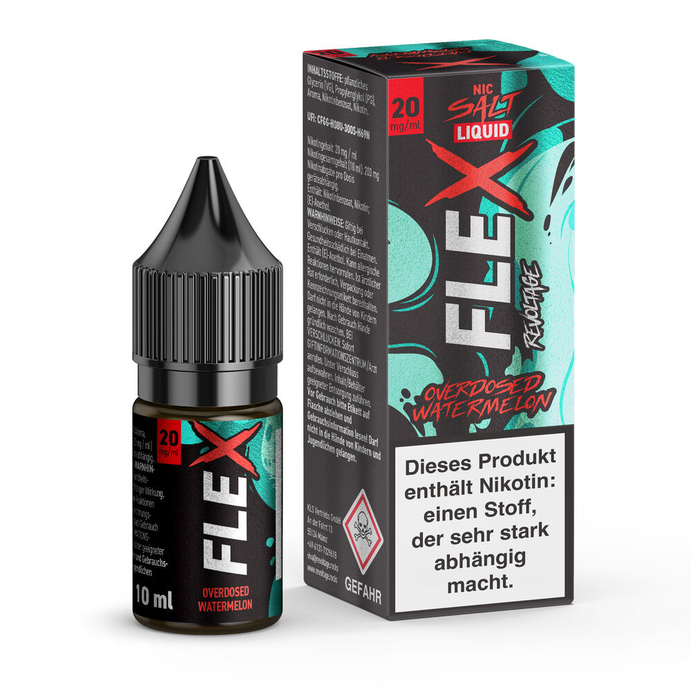Revoltage Flex Nikotinsalz Liquid Watermelon mit 10 ml Flasche und Verpackung, 20 mg/ml Nikotin, enthält Warnhinweis zur Abhängigkeit.