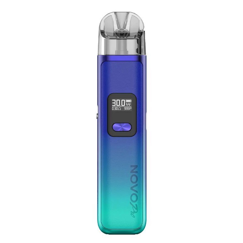 Smok Novo Pro Pod Kit in der Farbe Cyan Blue Leather Smok Novo Pro Pod Kit in Cyan Blue Leather mit Displayanzeige 30.0W, darunter Taste und seitlichem Branding "NOVO Pro".
