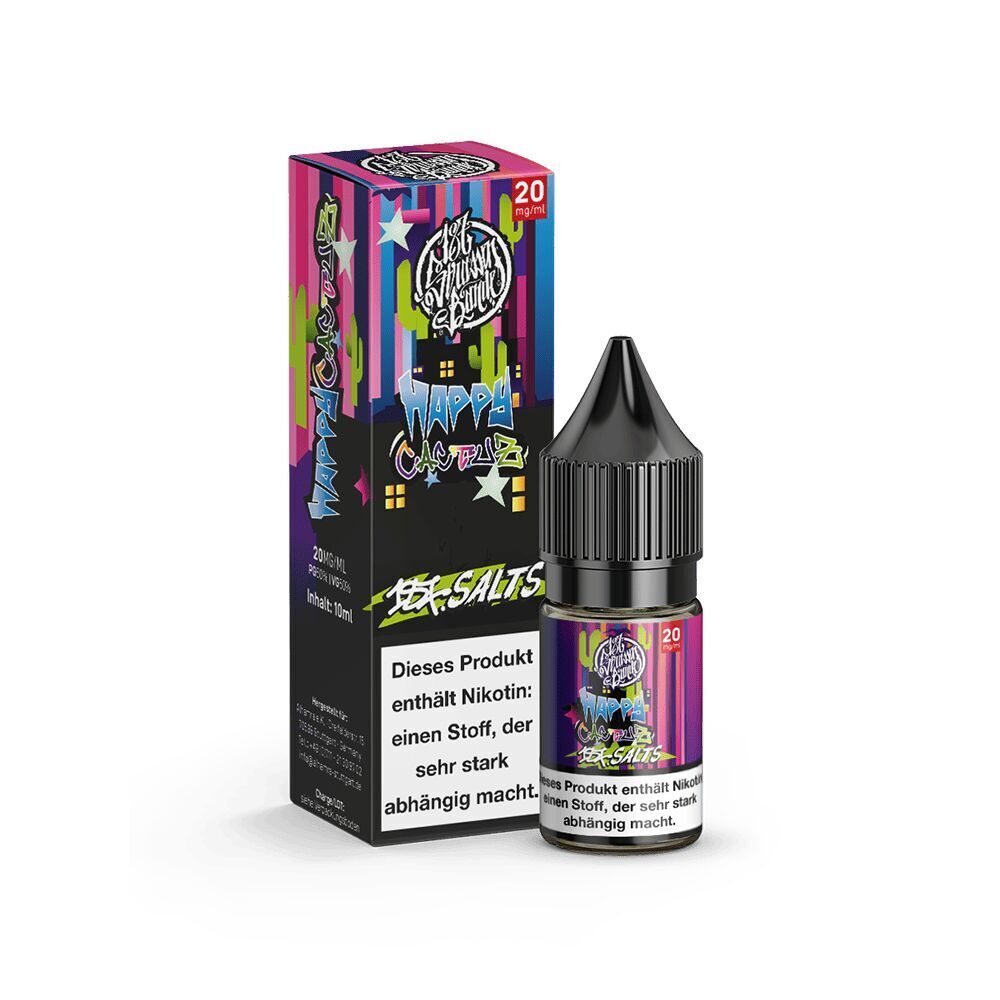 187 Strassenbande Liquid - Happy Cactuz 20mg E-Liquid-Flasche und Verpackung von 187 Strassenbande Liquid - Happy Cactuz 20mg, bunte Gestaltung mit Kaktus- und Sternmotiven, Nikotinhinweis.